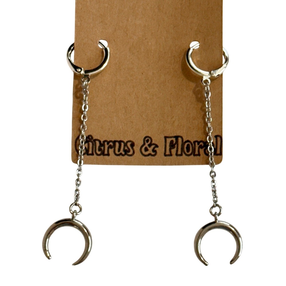 Citrus & Floral Silver Crescent Moon Horn Chain Drop Huggie Hoop Earrings NEW